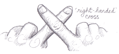 Illustration of two crossed forefingers, right hand on top, to illustrate a 'right-handed cross'.