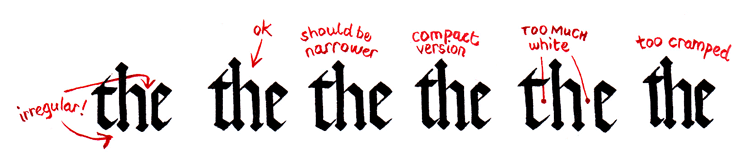 Illustration of the word 'the' in Gothic, with different spacing.
