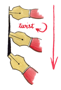 Illustration of twisting the nib for flared verticals in Roman writing (rustic capitals)