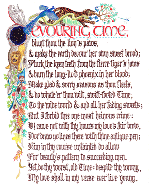 Shakespeare's sonnet beginning 'Devouring Time', written out in gothic script with illustrated border.