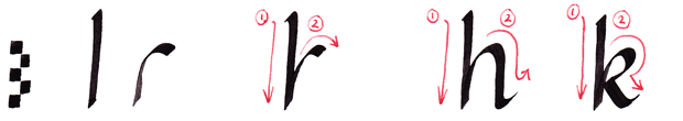 illustration of how to write italic calligraphy 'h' and 'k'