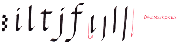 illustration of how to form italic lettering: downstrokes