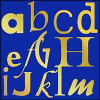Letters from the Roman alphabet in gold on blue